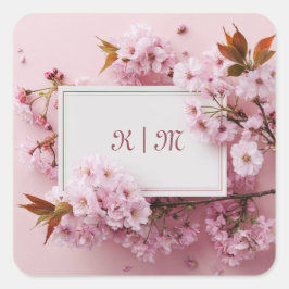Pegatina Cuadrada Marco de Rosa Dorada Bodas Flor de Cerezo Rosa Rub