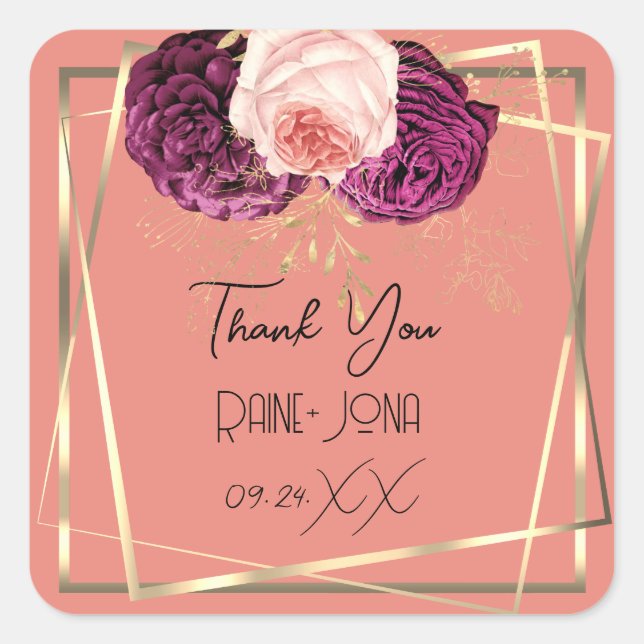 Pegatina Cuadrada Marco de Rosa Dorado para Favor de Despedida de So (Anverso)