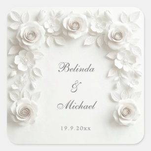 Pegatina Cuadrada Marco de Rosas Florales Barrocas Blancas Boda