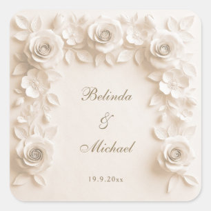 Pegatina Cuadrada Marco de rosas florales barrocas de marfil   Boda