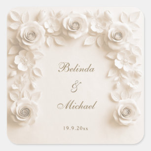 Pegatina Cuadrada Marco de rosas florales barrocas de marfil Boda