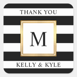 Pegatina Cuadrada Marco dorado Bandas blancas negras Monograma Boda