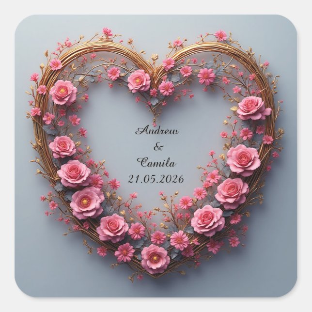 Pegatina Cuadrada Marco Dorado de Boda Corazón (Anverso)