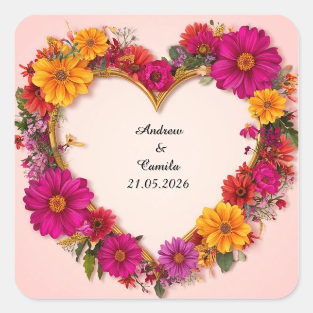 Pegatina Cuadrada Marco Dorado de Boda Corazón (Anverso)