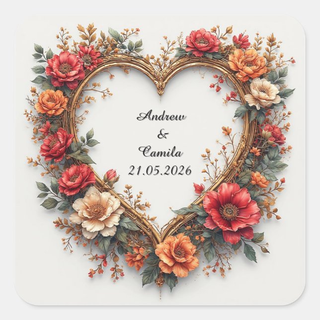 Pegatina Cuadrada Marco Dorado de Boda Corazón (Anverso)