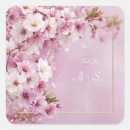 Pegatina Cuadrada Marco Dorado Flor de Cerezo Rosa Elegante Boda