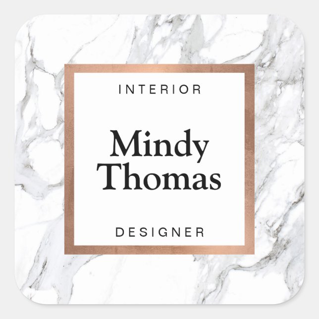 Pegatina Cuadrada Marco dorado moderno Rosa Faux Faux de Mármol Blan (Anverso)