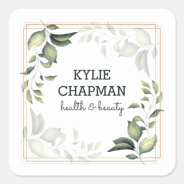 Pegatina Cuadrada Marco dorado y hojas (Anverso)