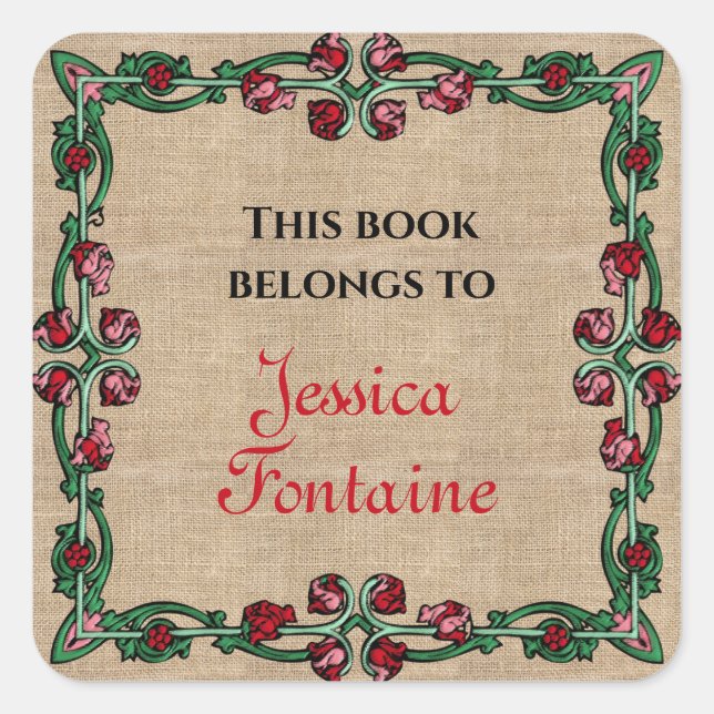 Pegatina Cuadrada Marco floral Art Deco Rojo Verde Personalizado (Anverso)