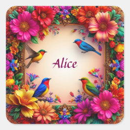 Pegatina Cuadrada Marco floral brillante con aves coloridas en la na