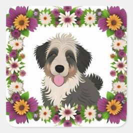 Pegatina Cuadrada Marco floral colorido con ilustración de perro lin