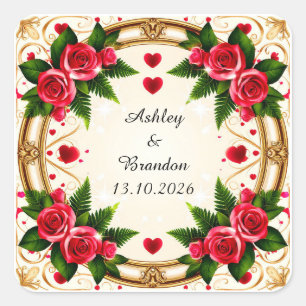 Pegatina Cuadrada Marco floral con rosas rosadas