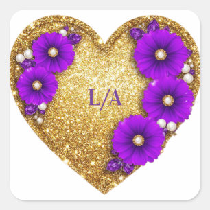 Pegatina Cuadrada 💖 Marco Floral de Corazón de Oro para Regalos de