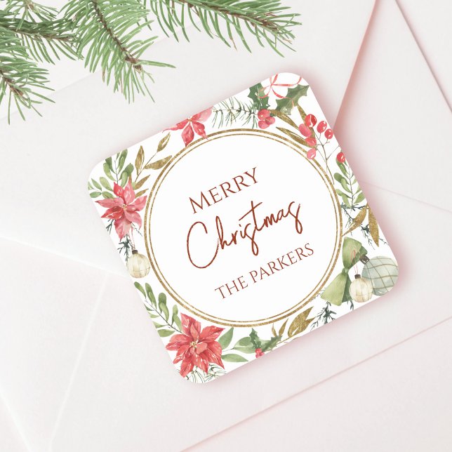 Pegatina Cuadrada Marco floral festivo personalizado Feliz Navidad (Subido por el creador)