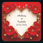 Pegatina Cuadrada Marco floral rojo con forma de corazón y brillo<br><div class="desc">Marco de boda con forma de corazón adornado con flores rojas y acentos de brillo dorado sobre un fondo blanco. Perfecto para diseños románticos,  del Día de San Valentín o de boda,  simbolizando amor y celebración.</div>