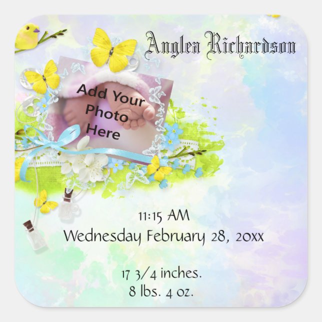 Pegatina Cuadrada Marco fotográfico de pájaro amarillo y mariposa de (Anverso)
