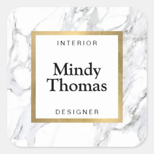 Pegatina Cuadrada Marco moderno de mármol blanco con falso dorado