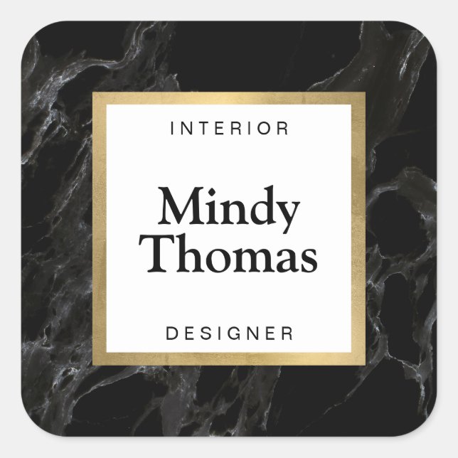 Pegatina Cuadrada Marco moderno de mármol negro con falso dorado (Anverso)
