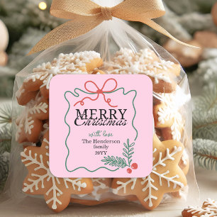 Pegatina Cuadrada Marco moderno dibujado a mano rosa Feliz Navidad 