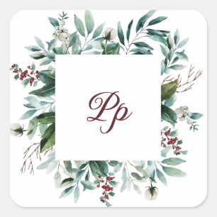 Pegatina Cuadrada Marco personalizable con monograma rama de bayas v