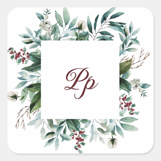 Pegatina Cuadrada Marco personalizable con monograma rama de bayas v (Anverso)