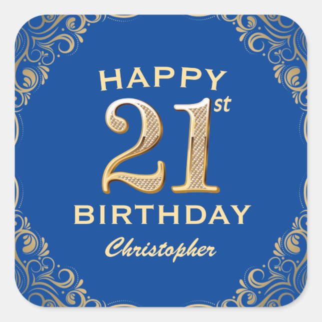 Pegatina Cuadrada Marco Purpurina azul y dorado Fiesta de cumpleaños (Anverso)