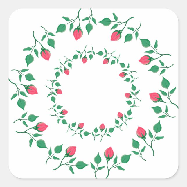 Pegatina Cuadrada Marco redondo floral con flores rosadas (Anverso)