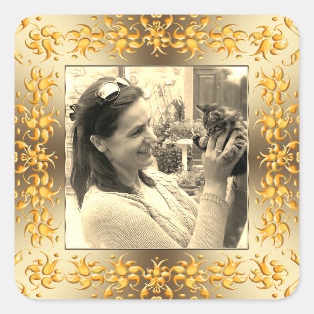 Pegatina Cuadrada marco retro floral barroco dorado. (Anverso)