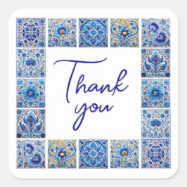 Pegatina Cuadrada Marcos de azulejos mediterráneos azules gracias pe