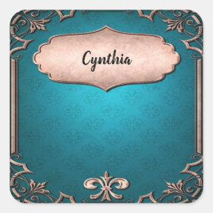Pegatina Cuadrada Marcos de bronce decorativos azules