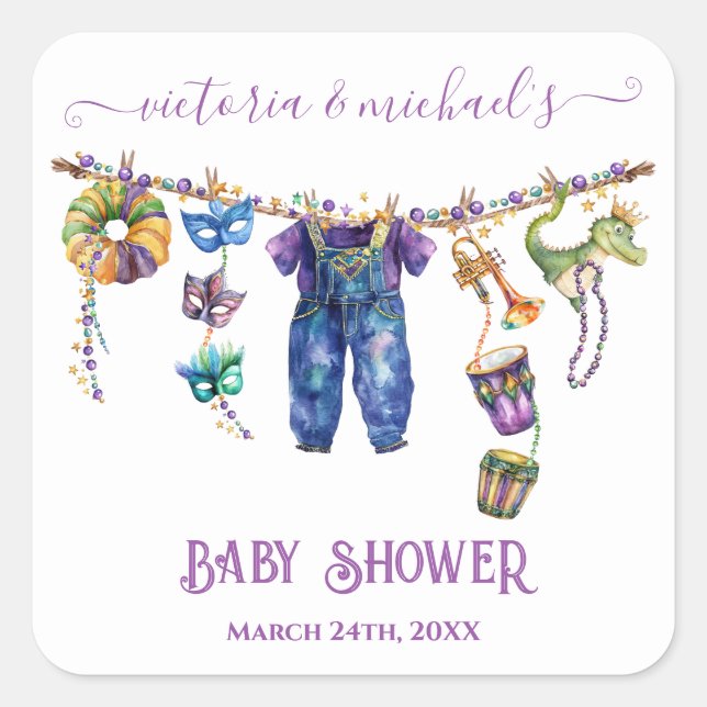 Pegatina Cuadrada Mardi Gras Clothesline boy Baby Shower (Anverso)