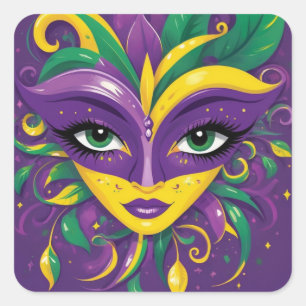 Pegatina Cuadrada Mardi Gras con Máscara 