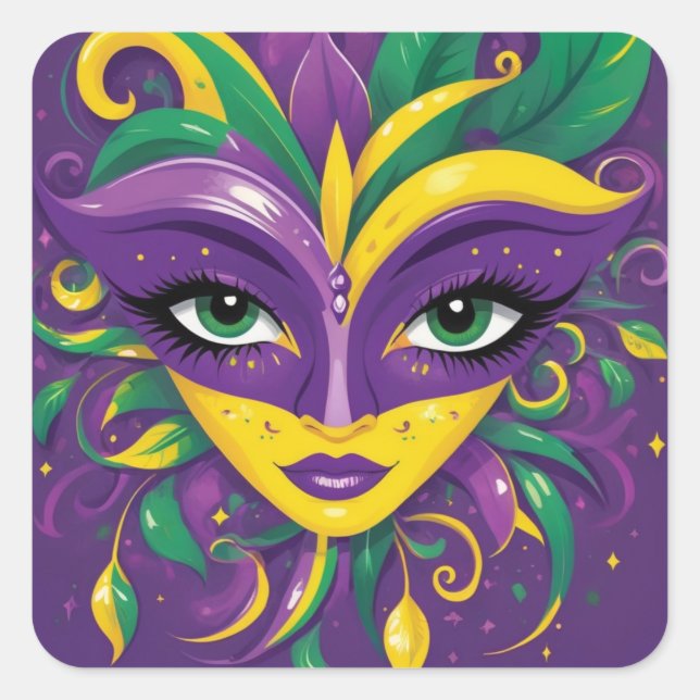 Pegatina Cuadrada Mardi Gras con Máscara  (Anverso)
