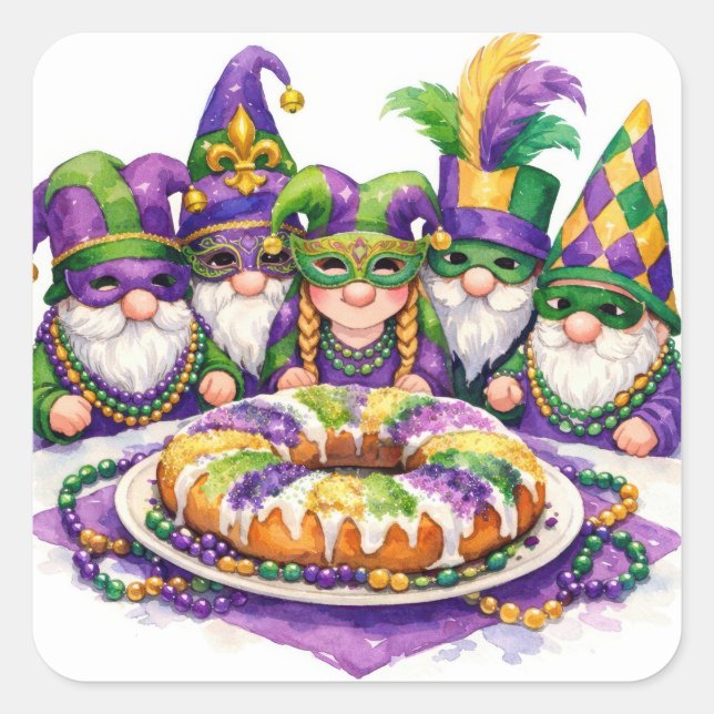Pegatina Cuadrada Mardi Gras Gnome Party With King Cake (Anverso)