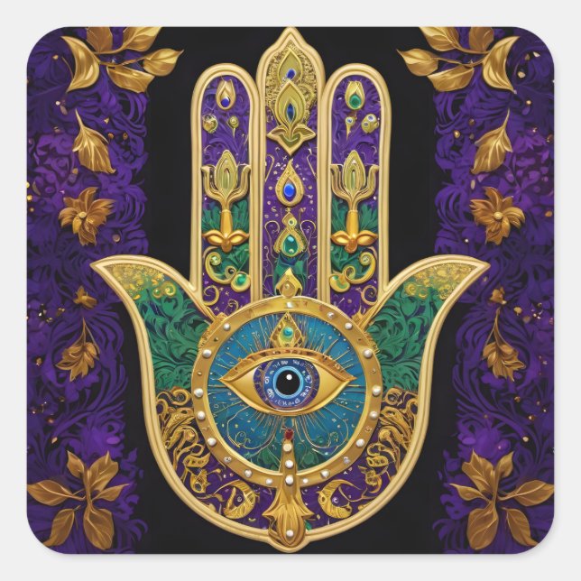 Pegatina Cuadrada Mardi Gras Gold Purple Green Hamsas Art (Anverso)