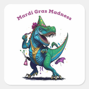 Pegatina Cuadrada Mardi Gras Madness T Rex Dinosaur Bead Mardi Grawr