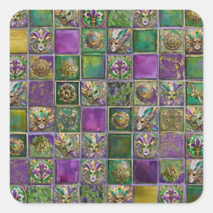 Pegatina Cuadrada Mardi Gras Máscaras Feathers Fleur de lis Tile Pri