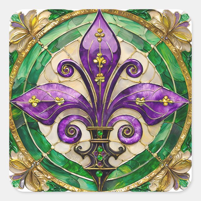 Pegatina Cuadrada Mardi Gras Sained Glass Fleur de lis (Anverso)