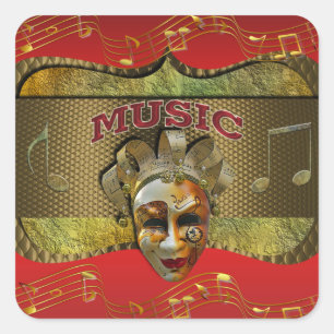 Pegatina Cuadrada Mardi Gras Sonriente Mask Metallic Music Notes