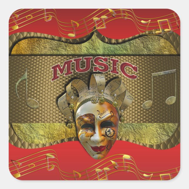 Pegatina Cuadrada Mardi Gras Sonriente Mask Metallic Music Notes (Anverso)