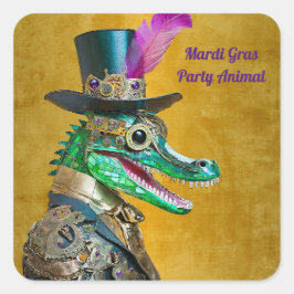 Pegatina Cuadrada Mardi Gras Steampunk Fiesta Animal Alligator