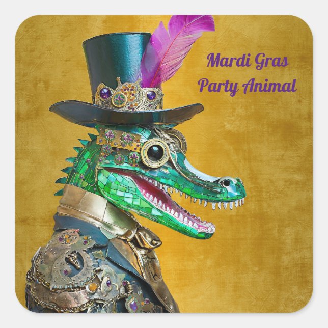 Pegatina Cuadrada Mardi Gras Steampunk Fiesta Animal Alligator (Anverso)
