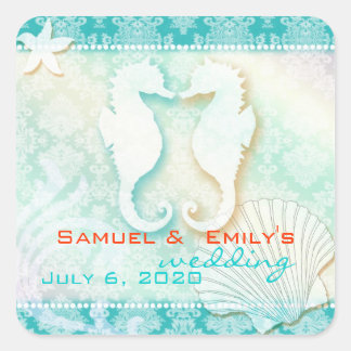 Pegatina Cuadrada Marea Hipomposa Aqua Wedding Save the Date