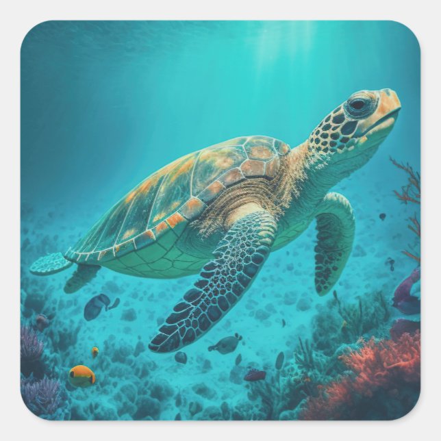 Pegatina Cuadrada Marea Turtle Ocean Marine Life Beach Animales de l (Anverso)