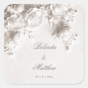 Pegatina Cuadrada Marfil 3D Rosas Florales Boda