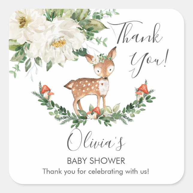 Pegatina Cuadrada Marfil Floral Deer Fawn Baby Shower Favor de cumpl (Anverso)