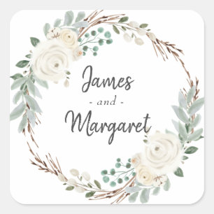 Pegatina Cuadrada Marfil Watercolor Floral Winter Wedding
