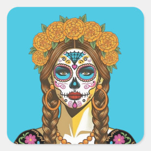Pegatina Cuadrada Margarita Catrina del Día de Muertos