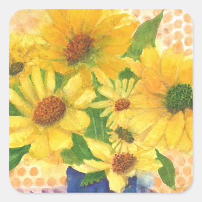 Pegatina Cuadrada margaritas amarillas en jarrón azul (Anverso)