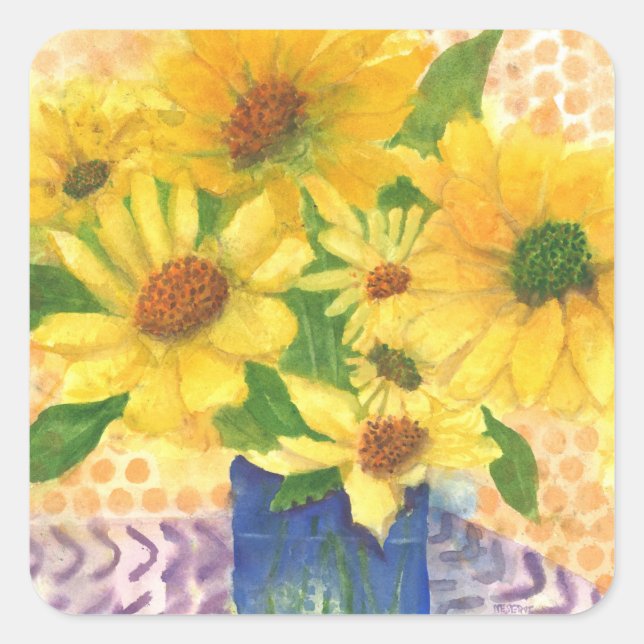 Pegatina Cuadrada margaritas amarillas en jarrón azul (Anverso)